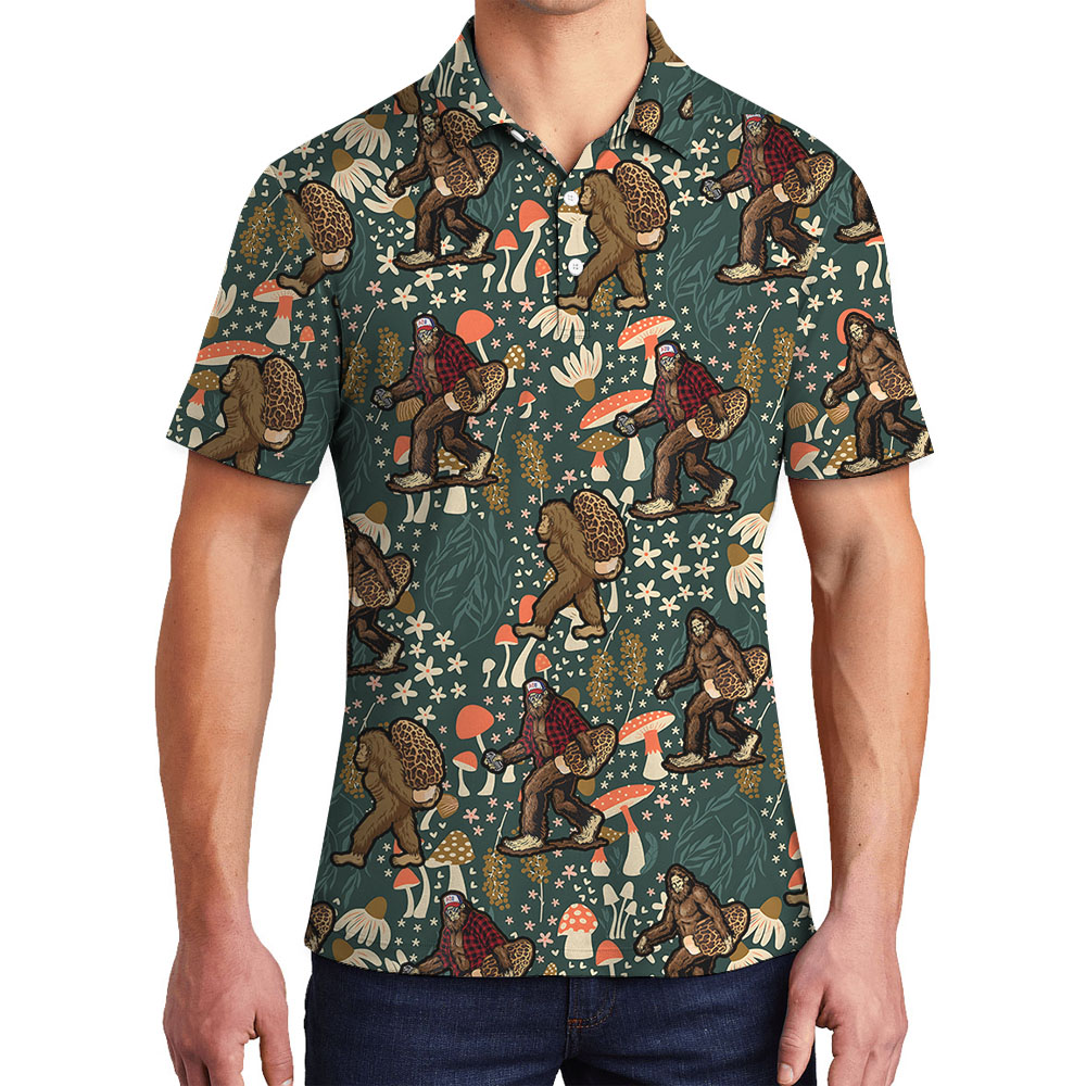 Unique Tropical Men's Collared Shirt With Bigfoot And Mushroom Print - variant image 1