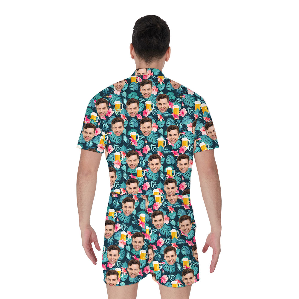 Men's Hawaiian Romper With Custom Face And Beer Mug Print