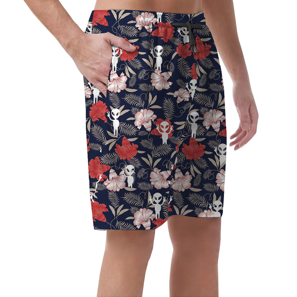 Alien Red Hibiscus Men's Hawaiian Shorts