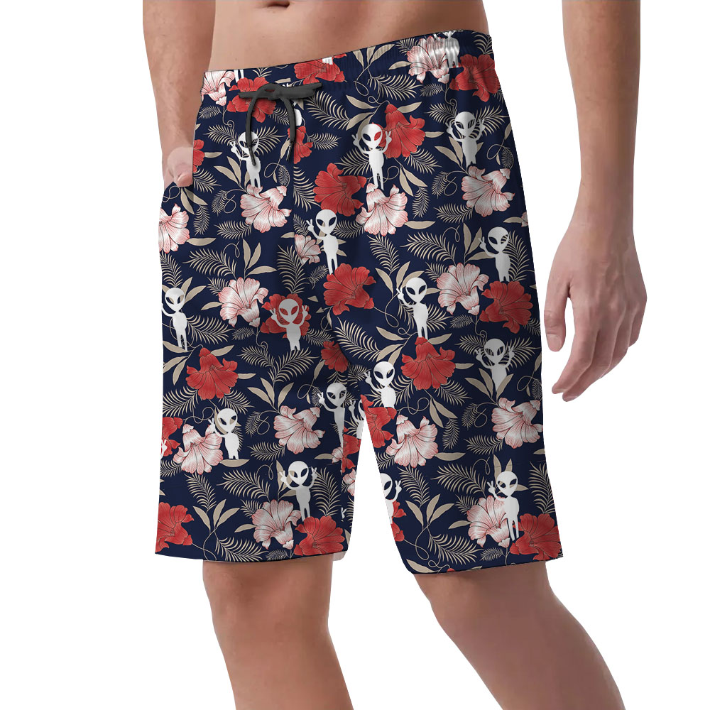 Alien Red Hibiscus Men's Hawaiian Shorts
