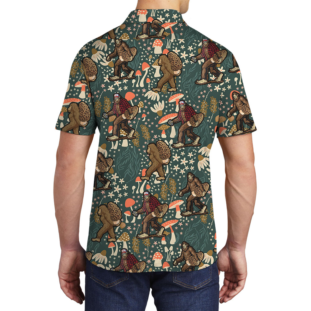 Unique Tropical Men's Collared Shirt With Bigfoot And Mushroom Print