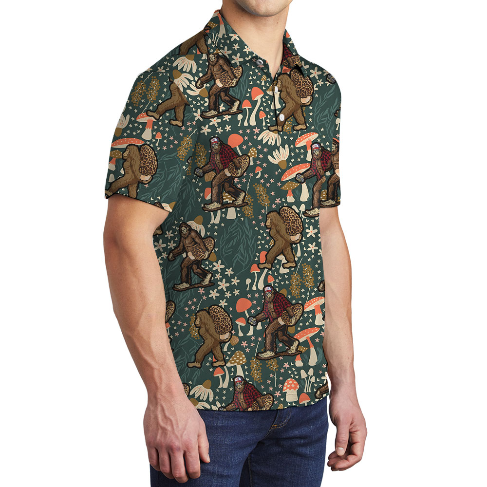 Unique Tropical Men's Collared Shirt With Bigfoot And Mushroom Print
