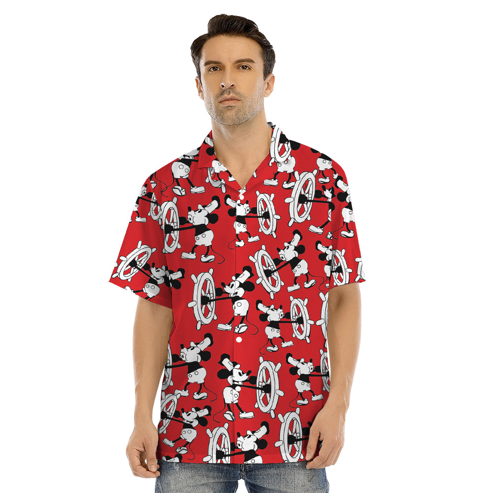 Red Classic Mickey Steamboat Willie Matching Hawaiian Shirts For Family