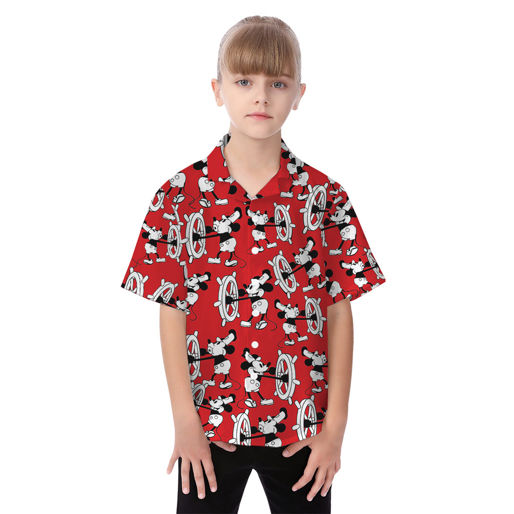 Red Classic Mickey Steamboat Willie Matching Hawaiian Shirts For Family