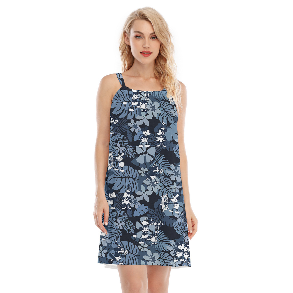 Cute Mickey Mouse Tropical Hibiscus Navy Hawaiian Dress For Summer - variant image 1