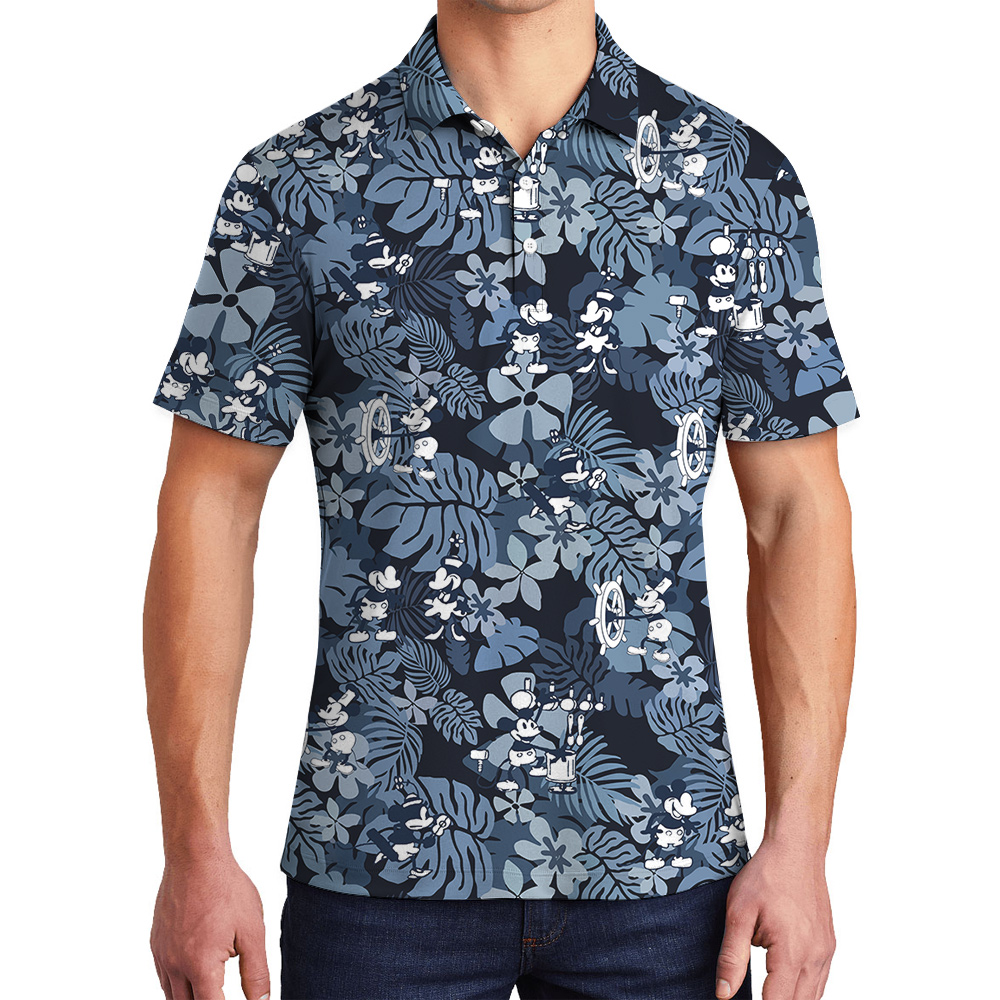 Cute Mickey Mouse Vintage Floral Navy Hawaiian Polo Shirt - variant image 1