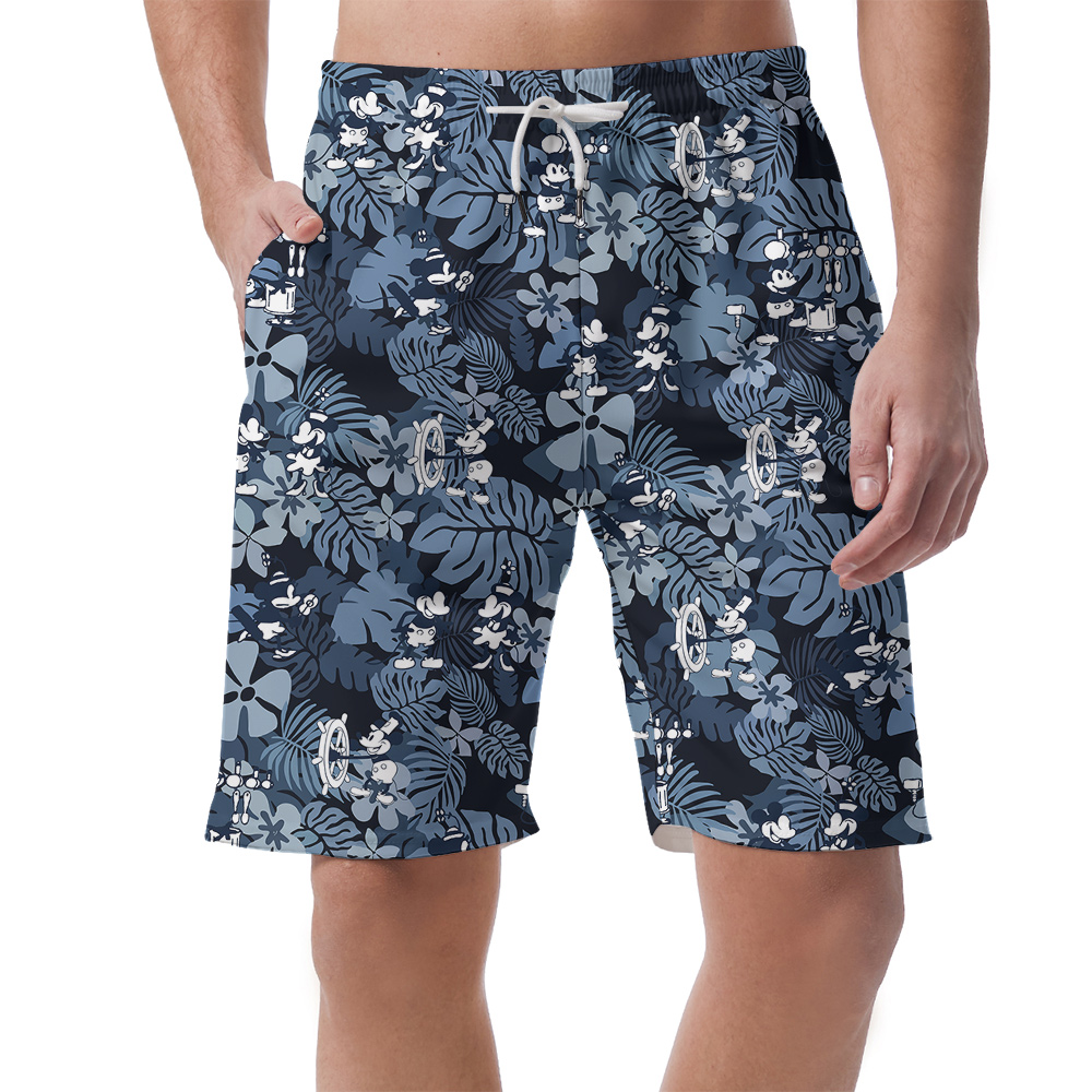 Tropical Hibiscus Mickey Mouse Navy Hawaiian Beach Shorts For Men - variant image 1