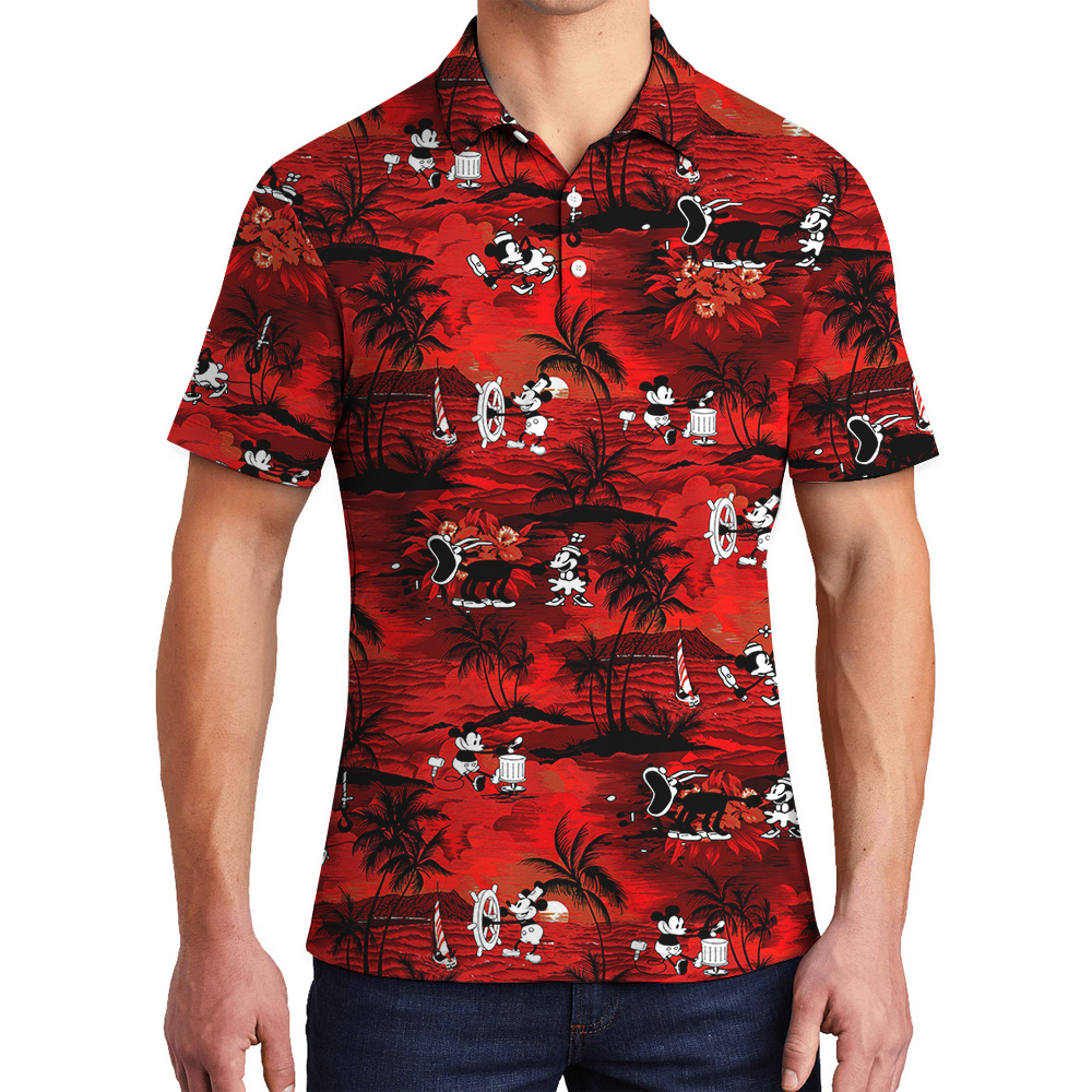 Steamboat Willie Mickey Mouse Tropical Palm Tree Men's Hawaiian Polo Shirt - variant image 1