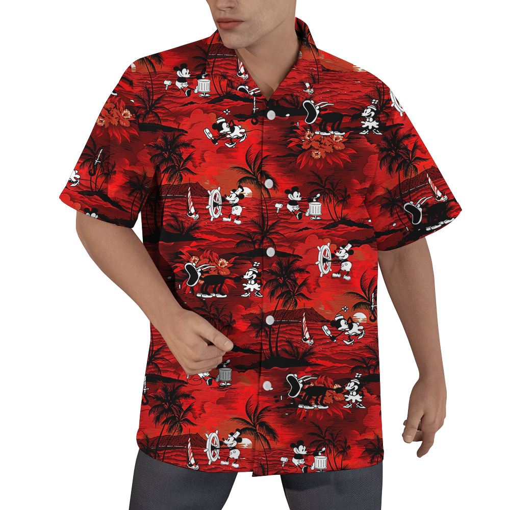 Vintage Mickey Mouse Tropical Beach Theme Red Hawaiian Button Up Shirt - variant image 1