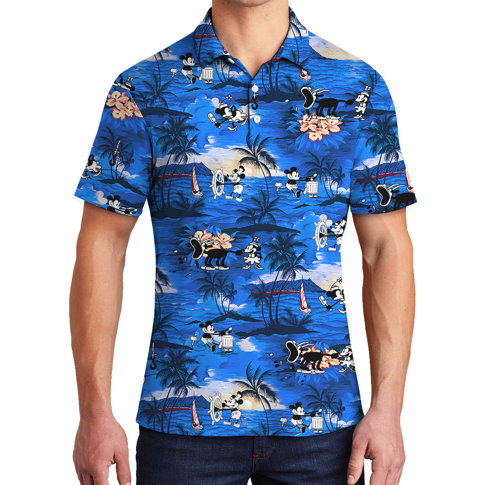 Navy Tropical Beach Theme Mickey Mouse Vintage Hawaiian Polo Shirt - variant image 1
