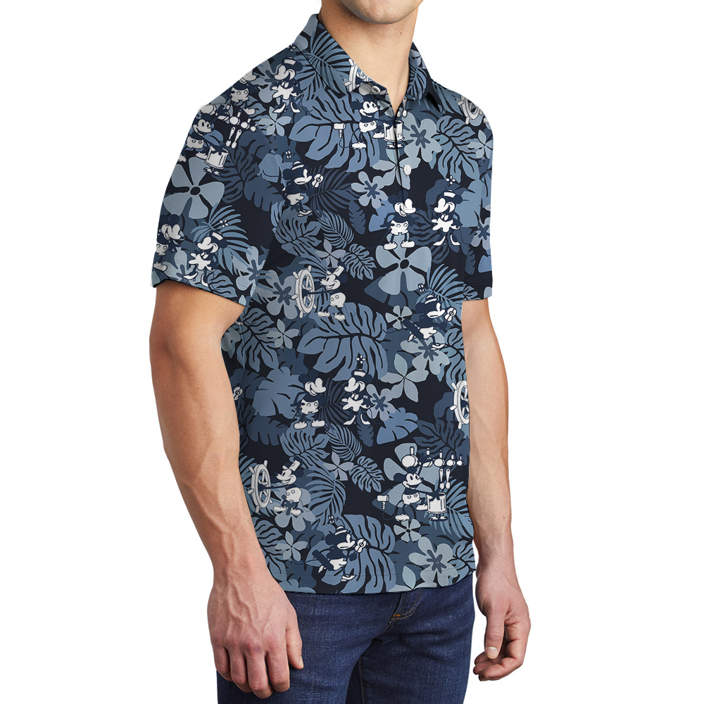 Cute Mickey Mouse Vintage Floral Navy Hawaiian Polo Shirt