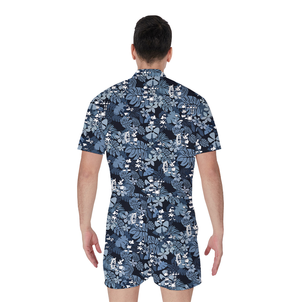 Floral Mickey Mouse Vintage Navy Men's Hawaiian Romper