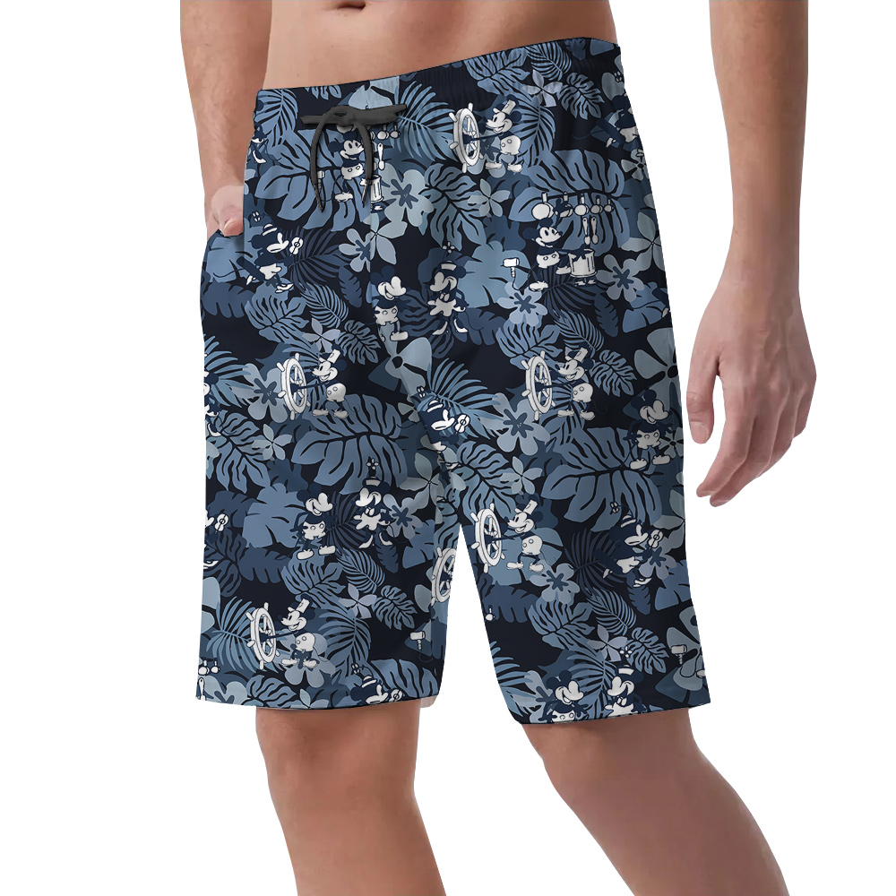 Tropical Hibiscus Mickey Mouse Navy Hawaiian Beach Shorts For Men