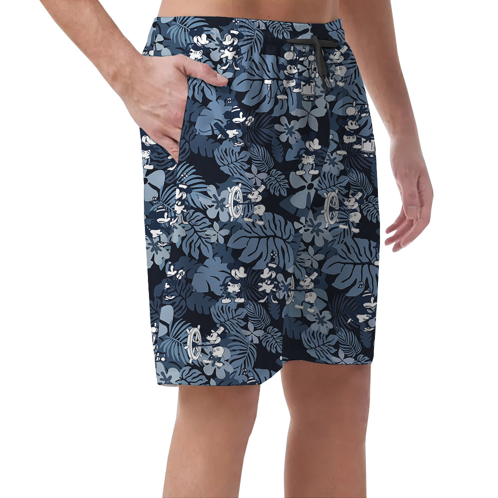 Tropical Hibiscus Mickey Mouse Navy Hawaiian Beach Shorts For Men