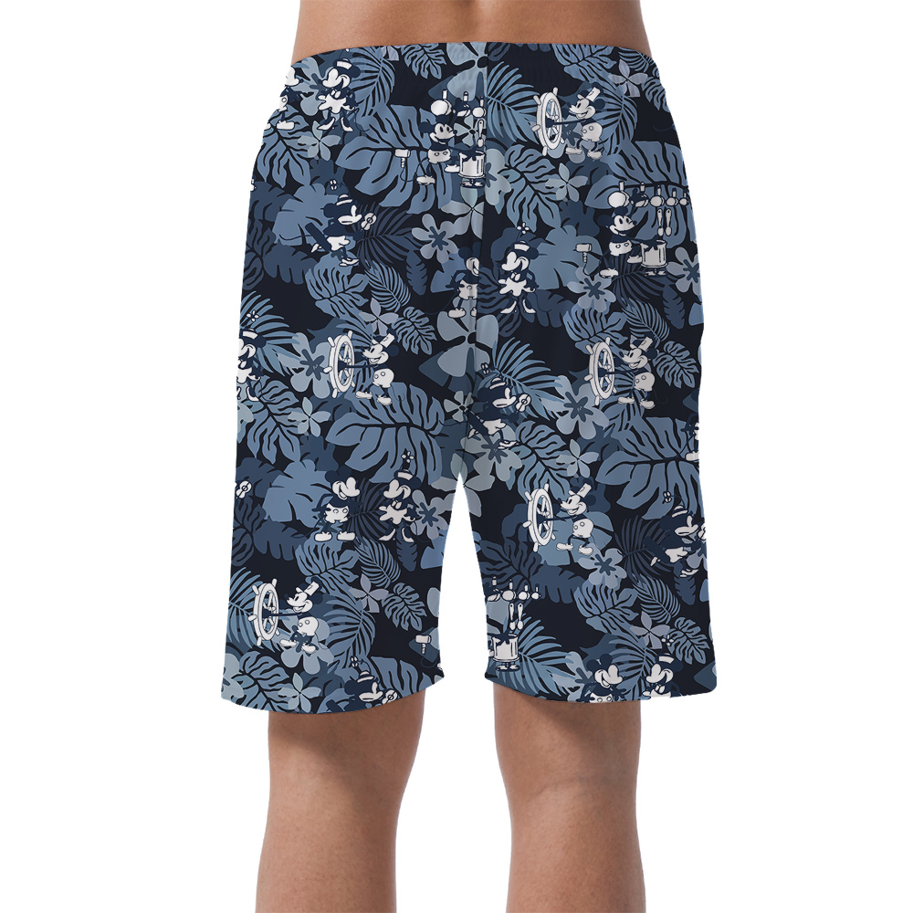 Tropical Hibiscus Mickey Mouse Navy Hawaiian Beach Shorts For Men