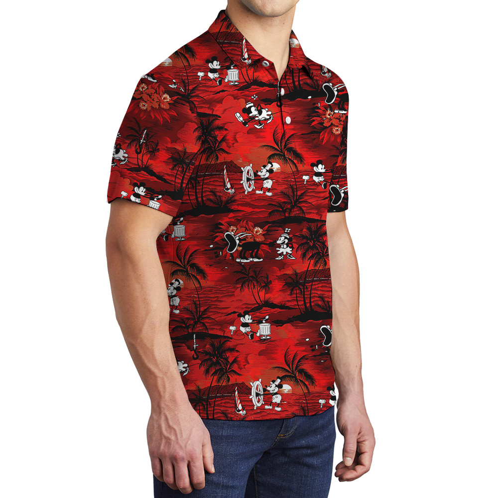 Steamboat Willie Mickey Mouse Tropical Palm Tree Men's Hawaiian Polo Shirt