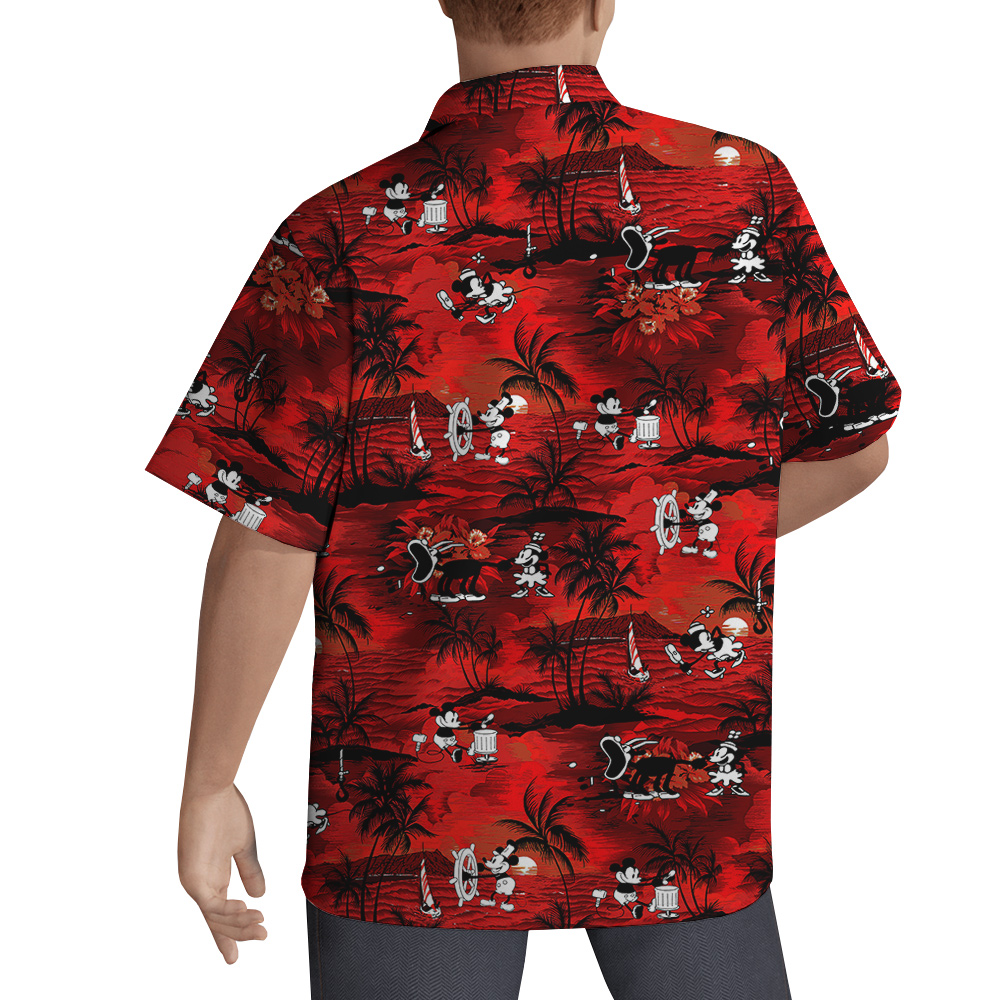 Vintage Mickey Mouse Tropical Beach Theme Red Hawaiian Button Up Shirt