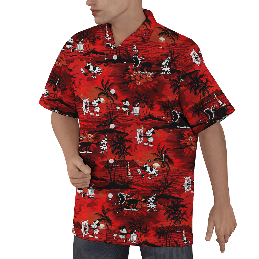 Vintage Mickey Mouse Tropical Beach Theme Red Hawaiian Button Up Shirt