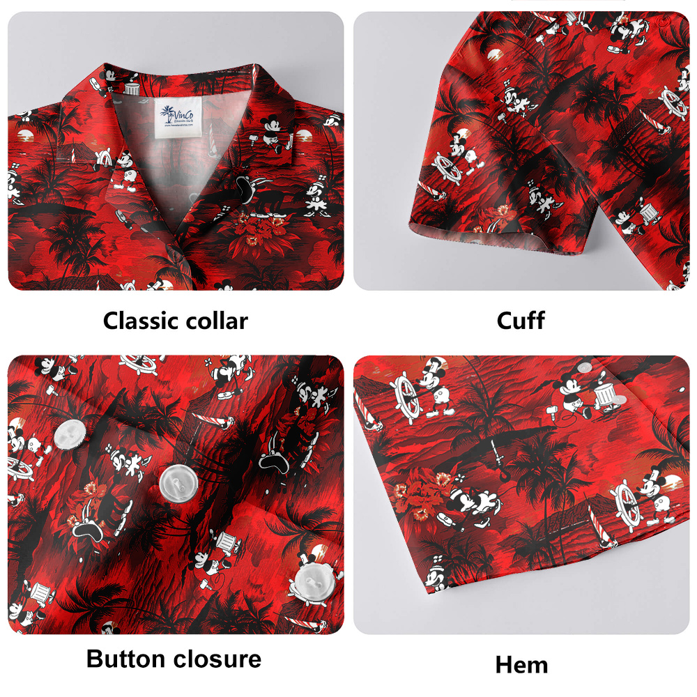 Vintage Mickey Mouse Tropical Beach Theme Red Hawaiian Button Up Shirt
