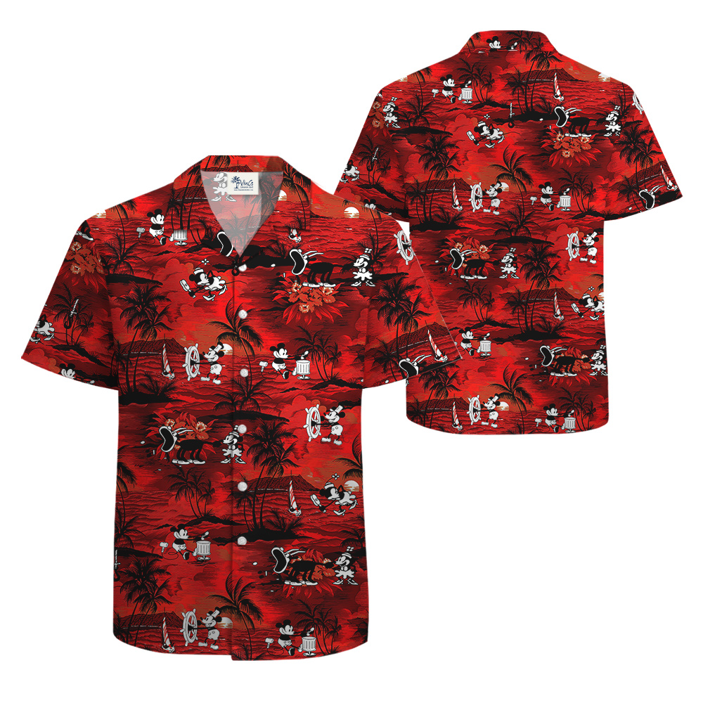 Vintage Mickey Mouse Tropical Beach Theme Red Hawaiian Button Up Shirt