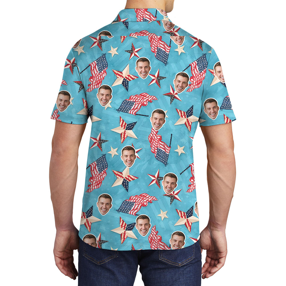 White Red And Blue Men's Polo With Multiple Faces