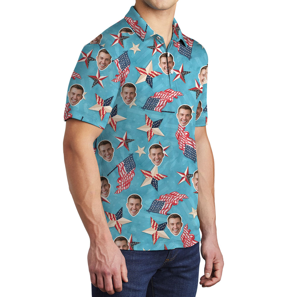 White Red And Blue Men's Polo With Multiple Faces