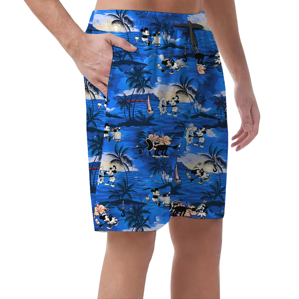 Vintage Mickey Mouse Tropical Navy Hawaiian Men's Shorts For Summer