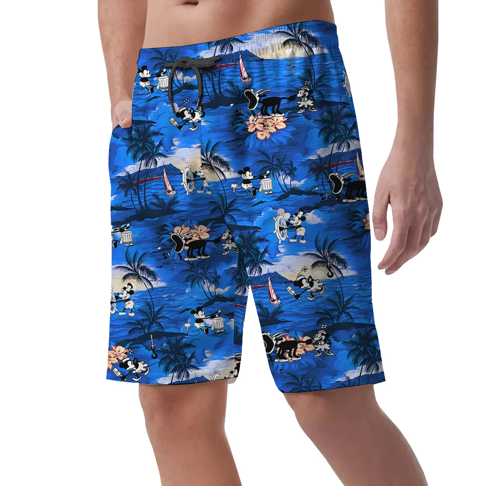 Vintage Mickey Mouse Tropical Navy Hawaiian Men's Shorts For Summer