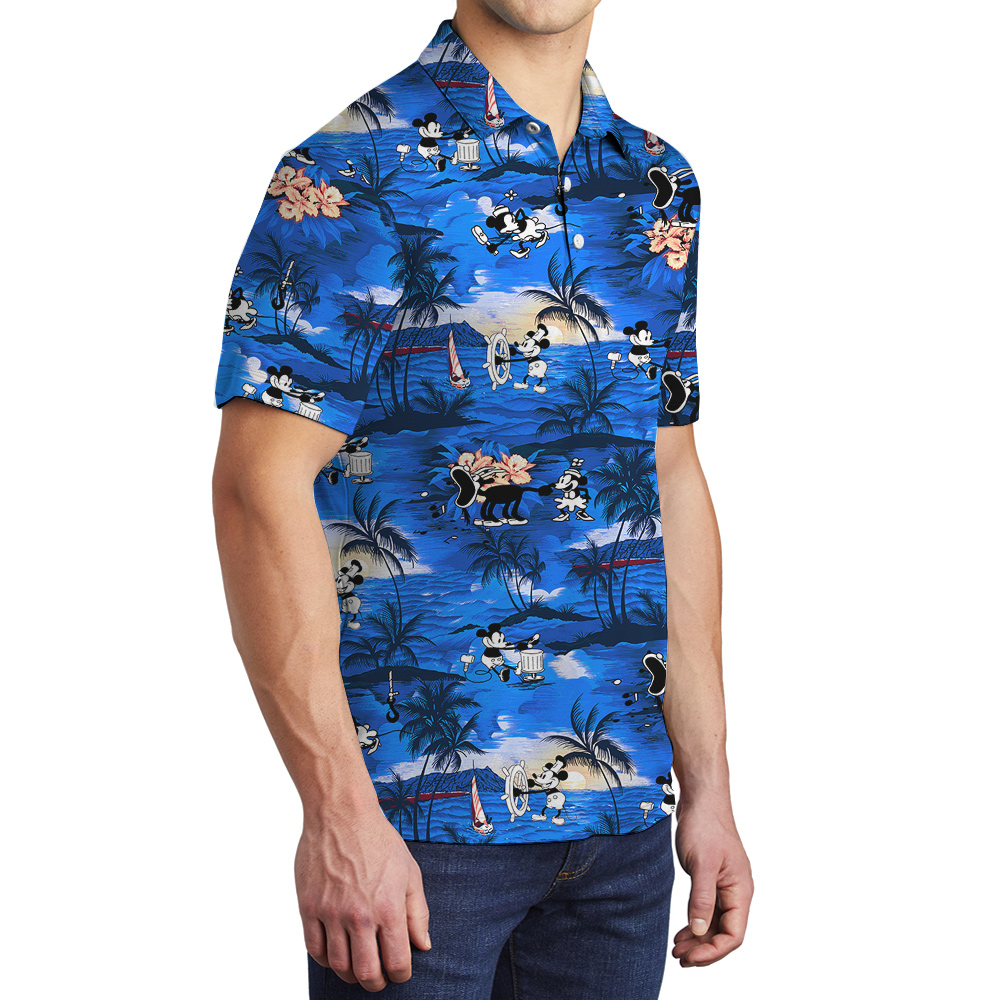 Navy Tropical Beach Theme Mickey Mouse Vintage Hawaiian Polo Shirt