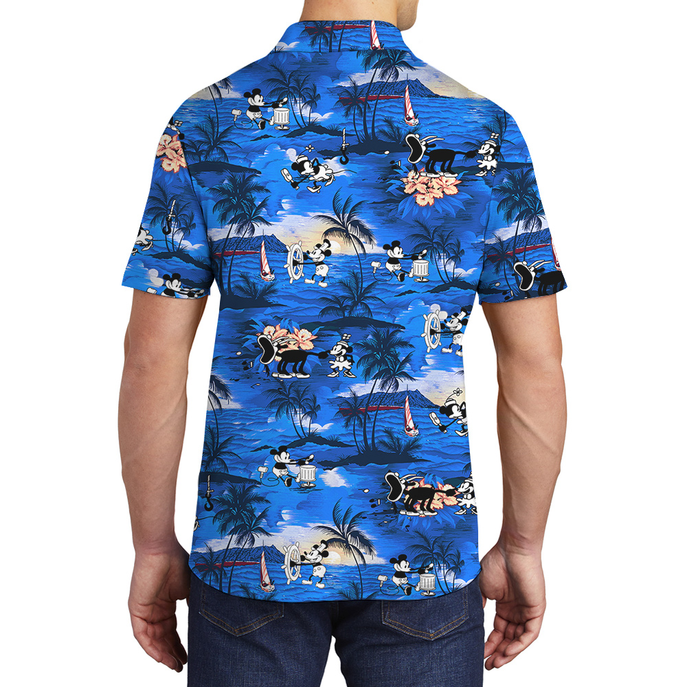 Navy Tropical Beach Theme Mickey Mouse Vintage Hawaiian Polo Shirt