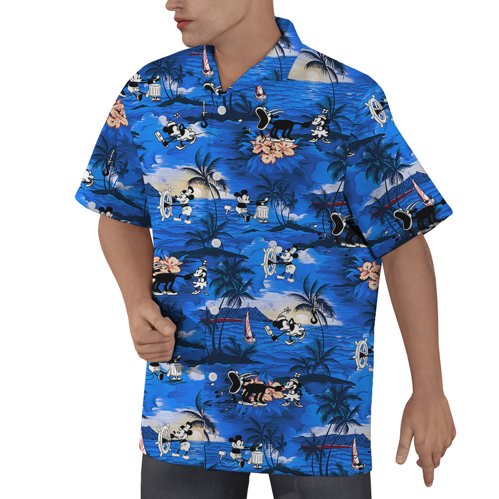 Tropical Sunset Beach Mickey Mouse Navy Hawaiian Shirt