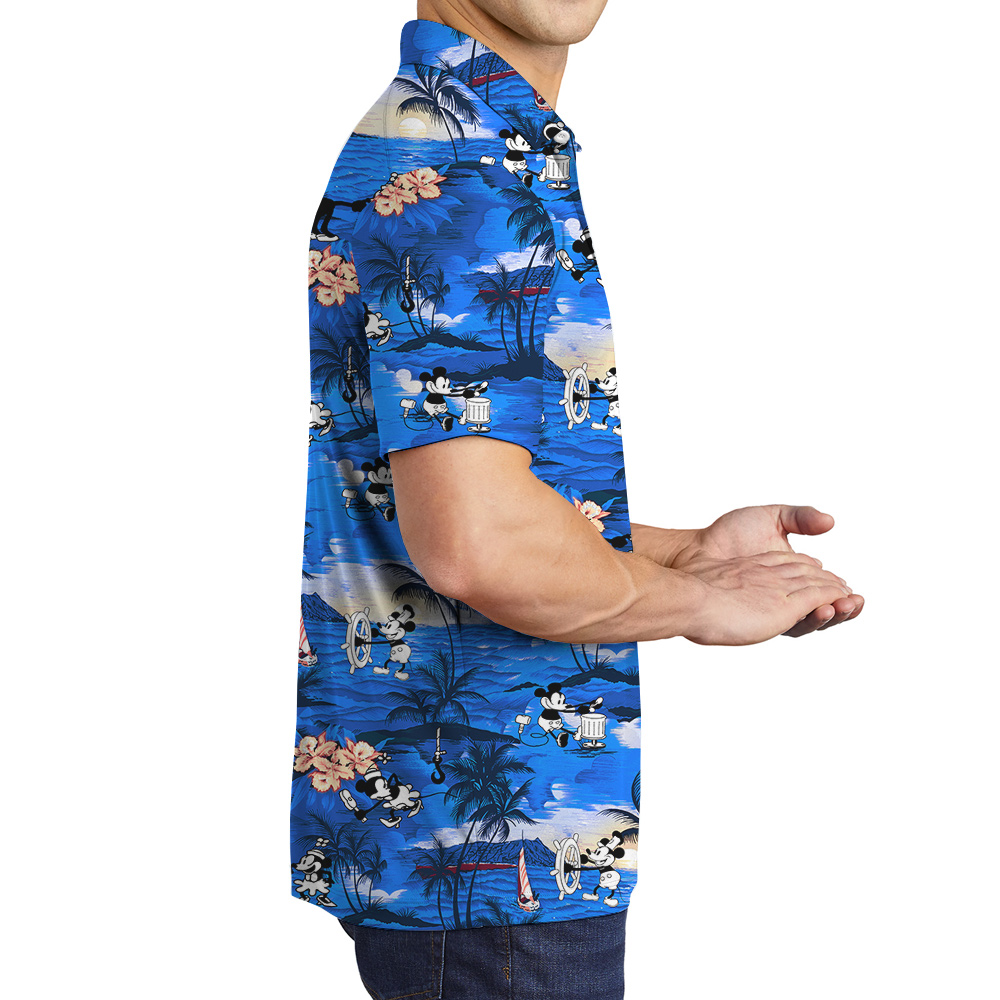 Navy Tropical Beach Theme Mickey Mouse Vintage Hawaiian Polo Shirt