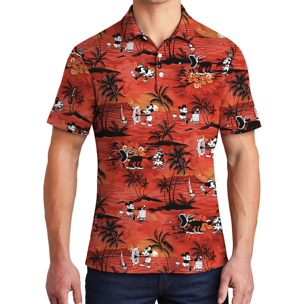 Mickey Mouse Tropical Palm Tree Orange Hawaiian Polo Golf Shirt - variant image 1
