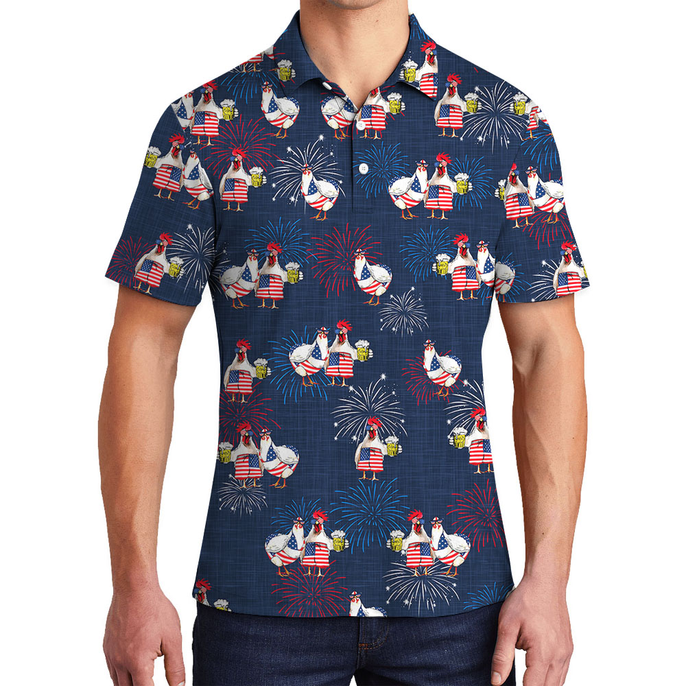 Funny Chicken White Red And Blue Polo Shirt For 4th Of July - variant image 1