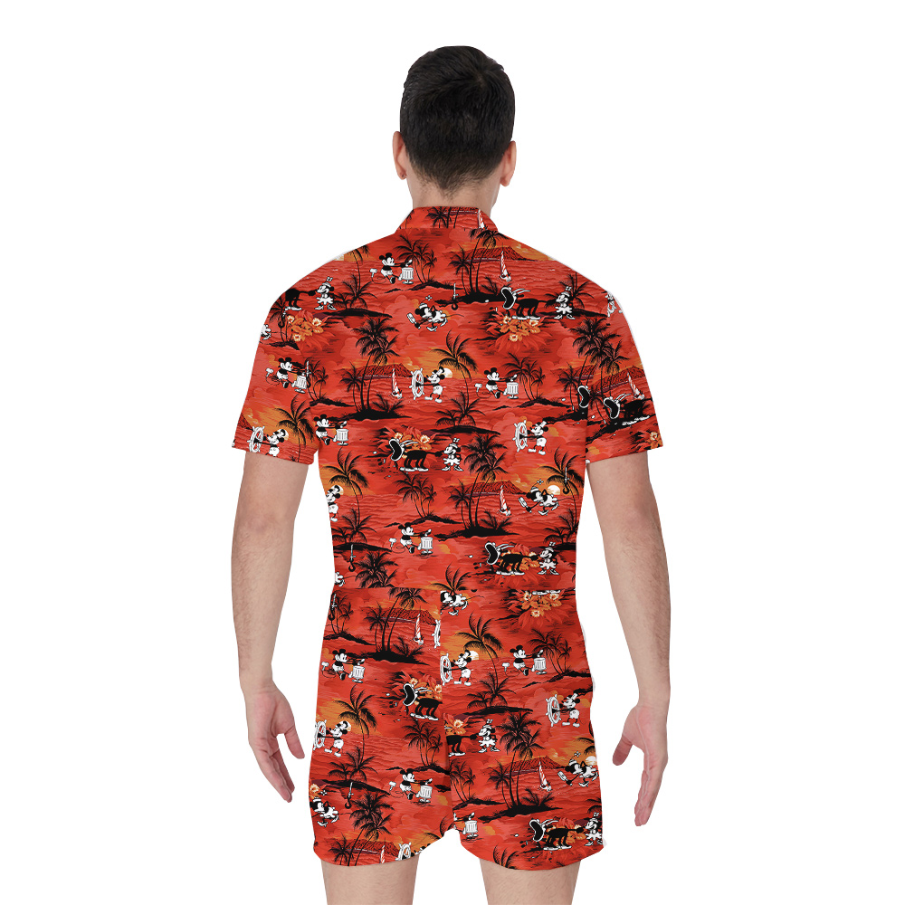 Mickey Steamboat Willie Tropical Orange Hawaiian Romper For Men