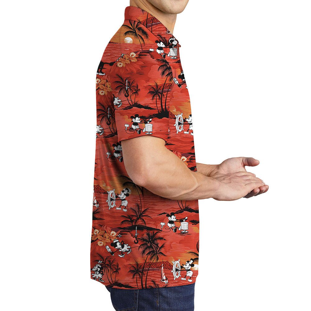 Mickey Mouse Tropical Palm Tree Orange Hawaiian Polo Golf Shirt