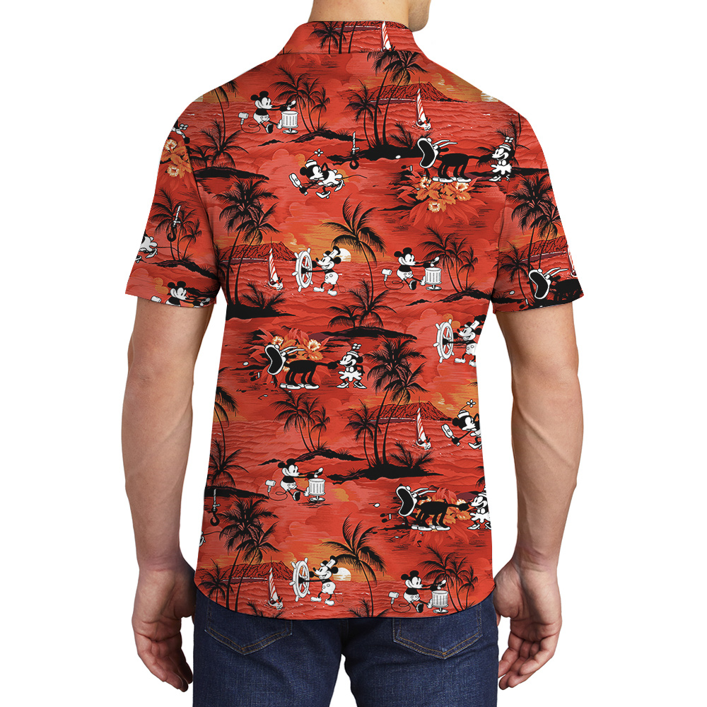 Mickey Mouse Tropical Palm Tree Orange Hawaiian Polo Golf Shirt