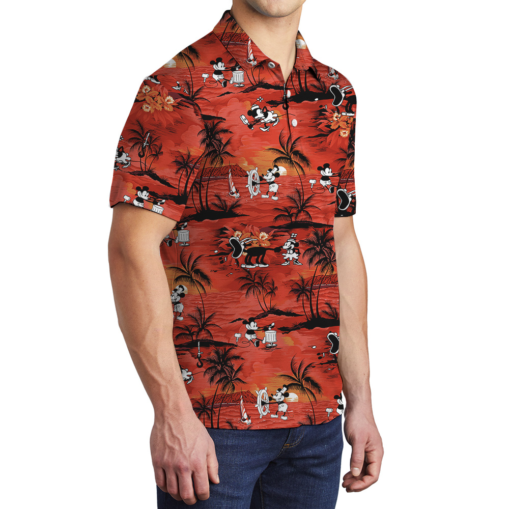 Mickey Mouse Tropical Palm Tree Orange Hawaiian Polo Golf Shirt