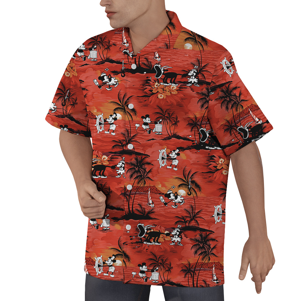 Tropical Sunset Beach Mickey Orange Hawaiian Shirt