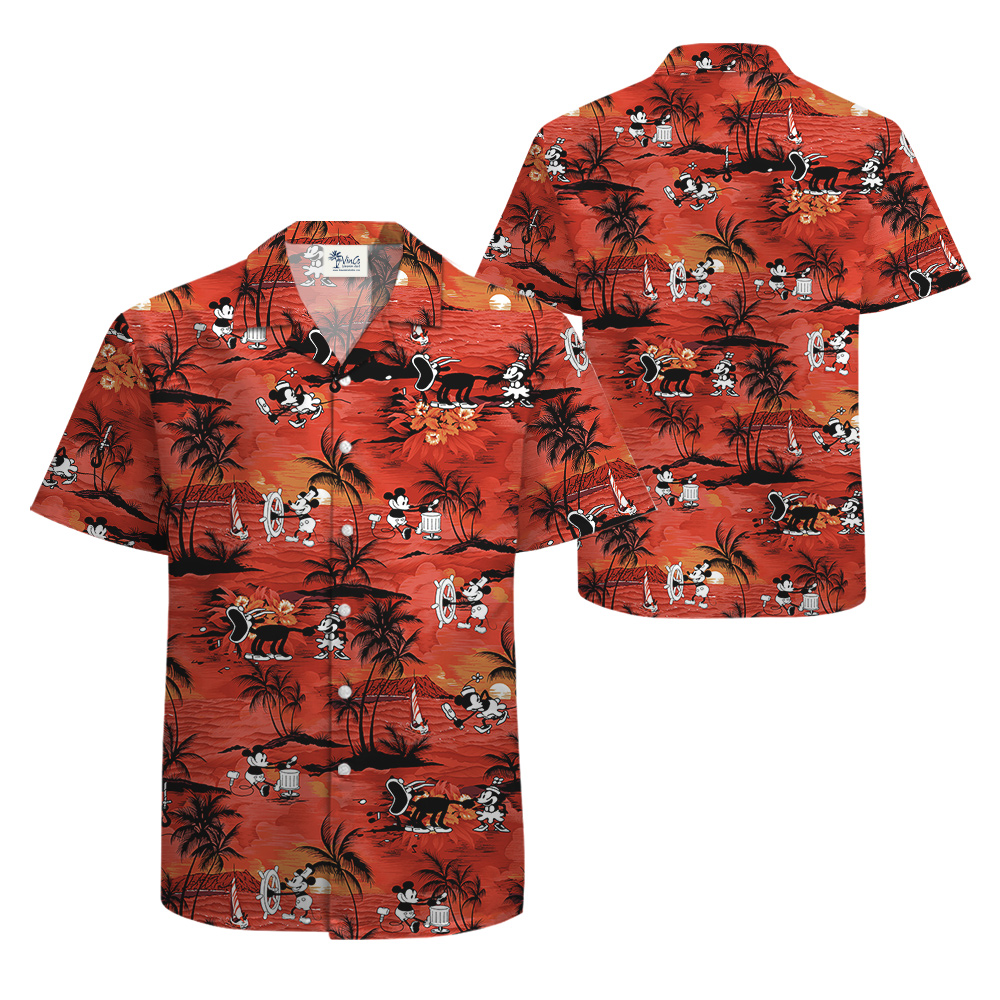 Tropical Sunset Beach Mickey Orange Hawaiian Shirt
