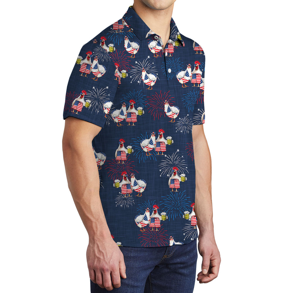 Funny Chicken White Red And Blue Polo Shirt For 4th Of July