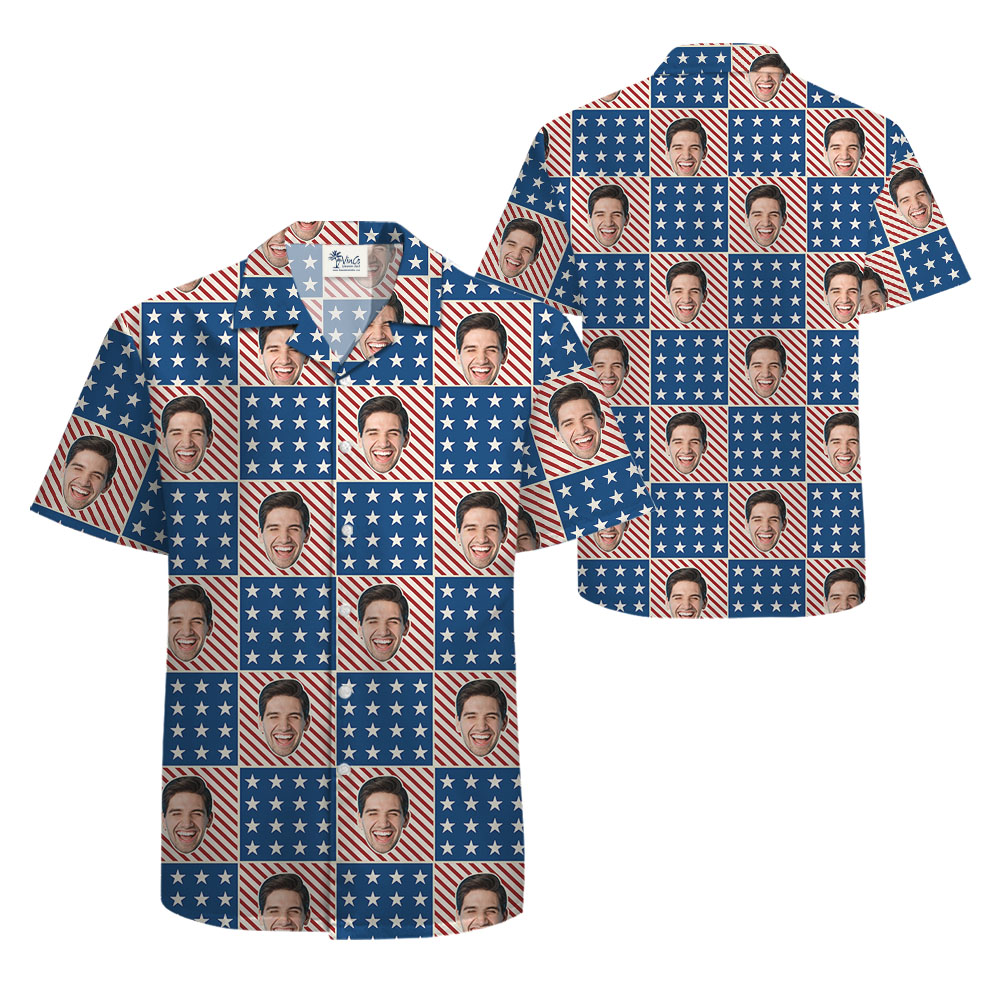 Custom White Red And Blue Photo Button Up Shirt