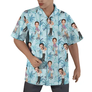 Blue Men's Golf Button Up Shirt With Custom Faces