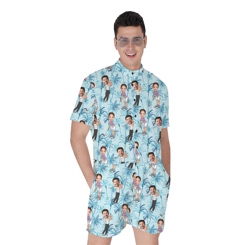 Blue Men's Hawaiian Romper With Custom Face Golfer - variant image 1