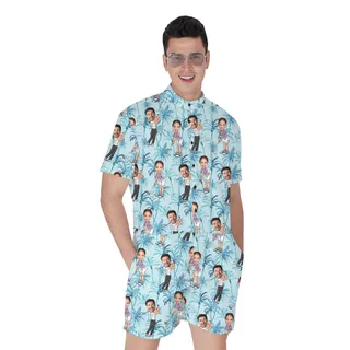 Blue Men's Hawaiian Romper With Custom Face Golfer