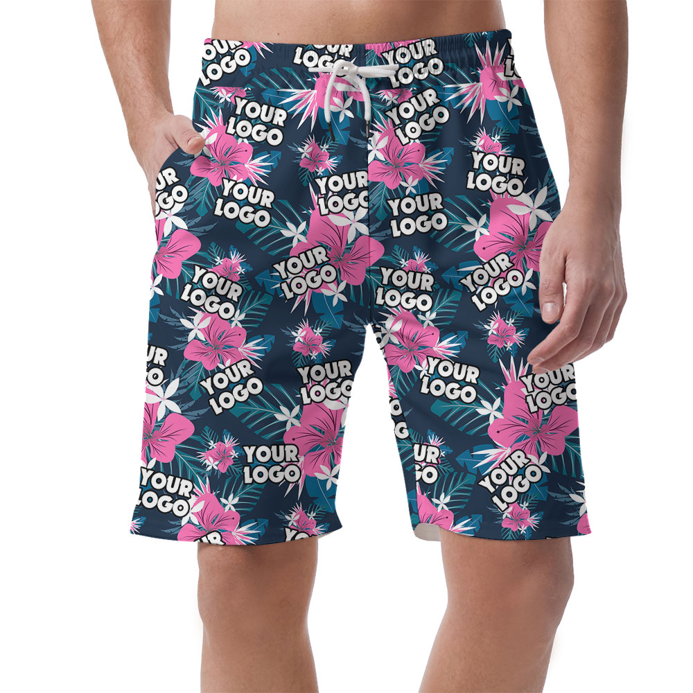 Purple Floral Tropical Men's Hawaiian Shorts With Logos - variant image 1