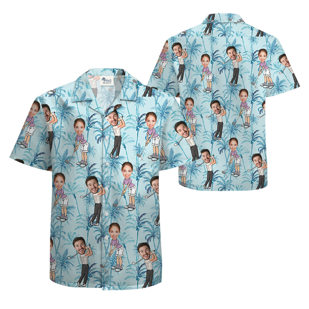 Blue Men's Golf Button Up Shirt With Custom Faces