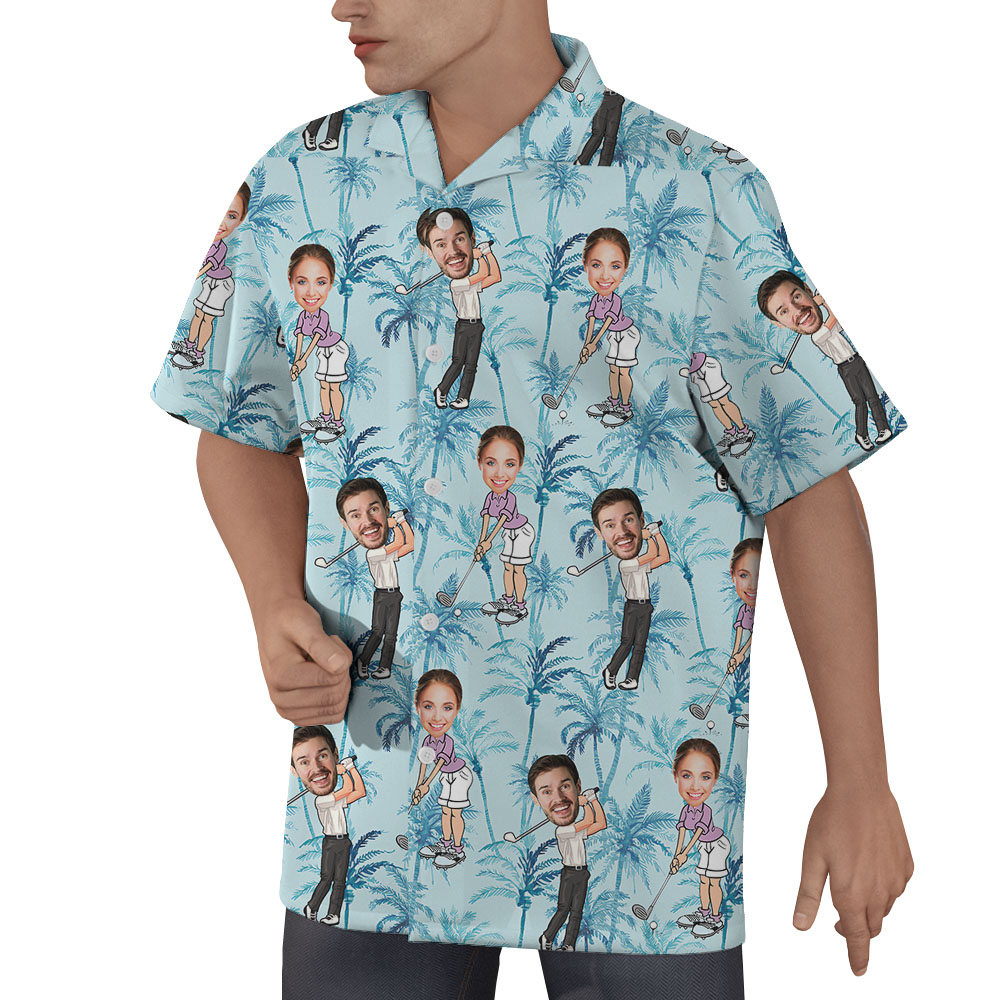 Blue Men's Golf Button Up Shirt With Custom Faces