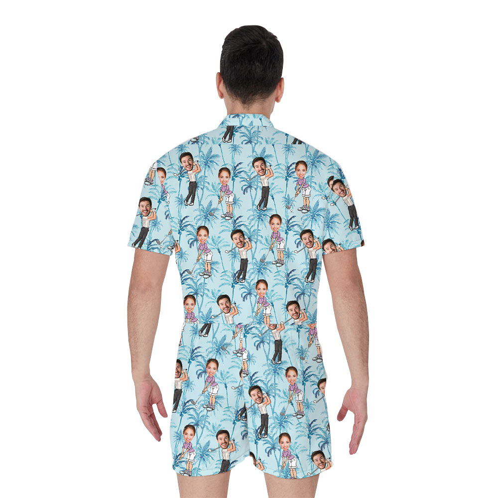 Blue Men's Hawaiian Romper With Custom Face Golfer