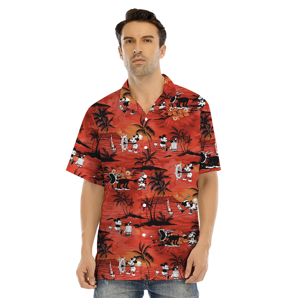Tropical Sunset Beach Mickey Orange Matching Hawaiian Shirts For Family